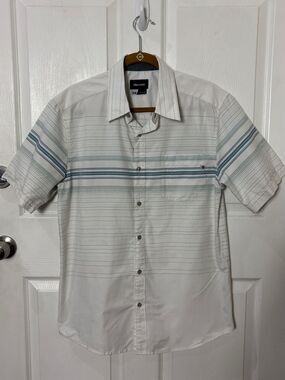 Marmot Trek Polo White Short Sleeve Button-Up Shirt Teal and Gray Stripes Size M